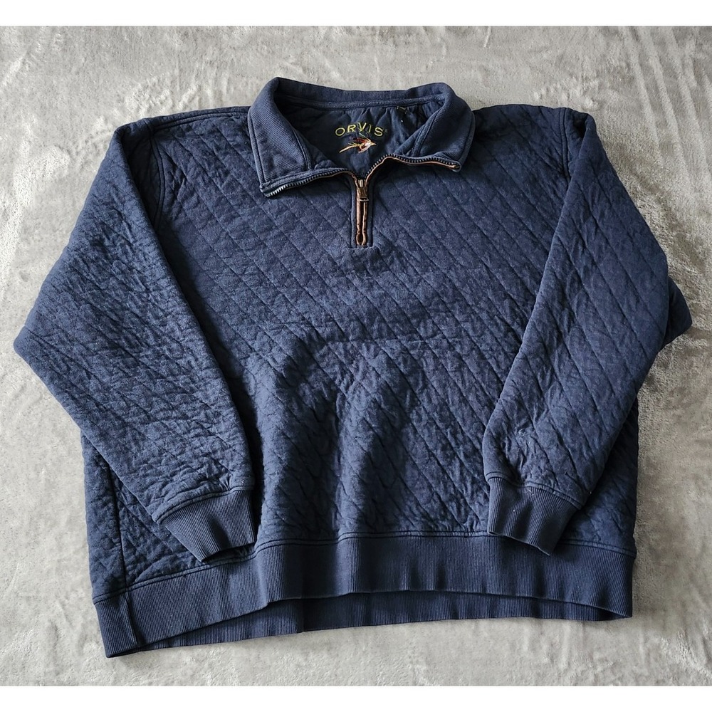 Orvis Quilted Pullover Sweatshirt Mens XXL Navy Blue 1/4 Zip Sweater Classic